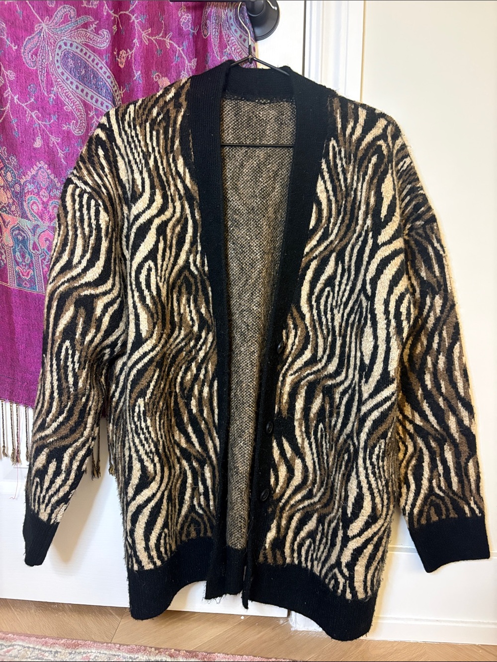 Black and Cream Zebra-Print Women’s Cardigan Sweater